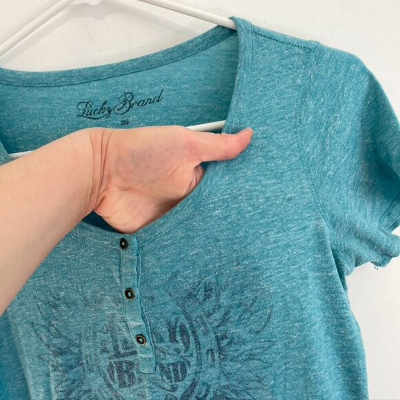 LUCKY BRAND Heathered Heather Aqua Blue Graphic Henley Short Sleeve T-Shirt Tee - Picture 5 of 10